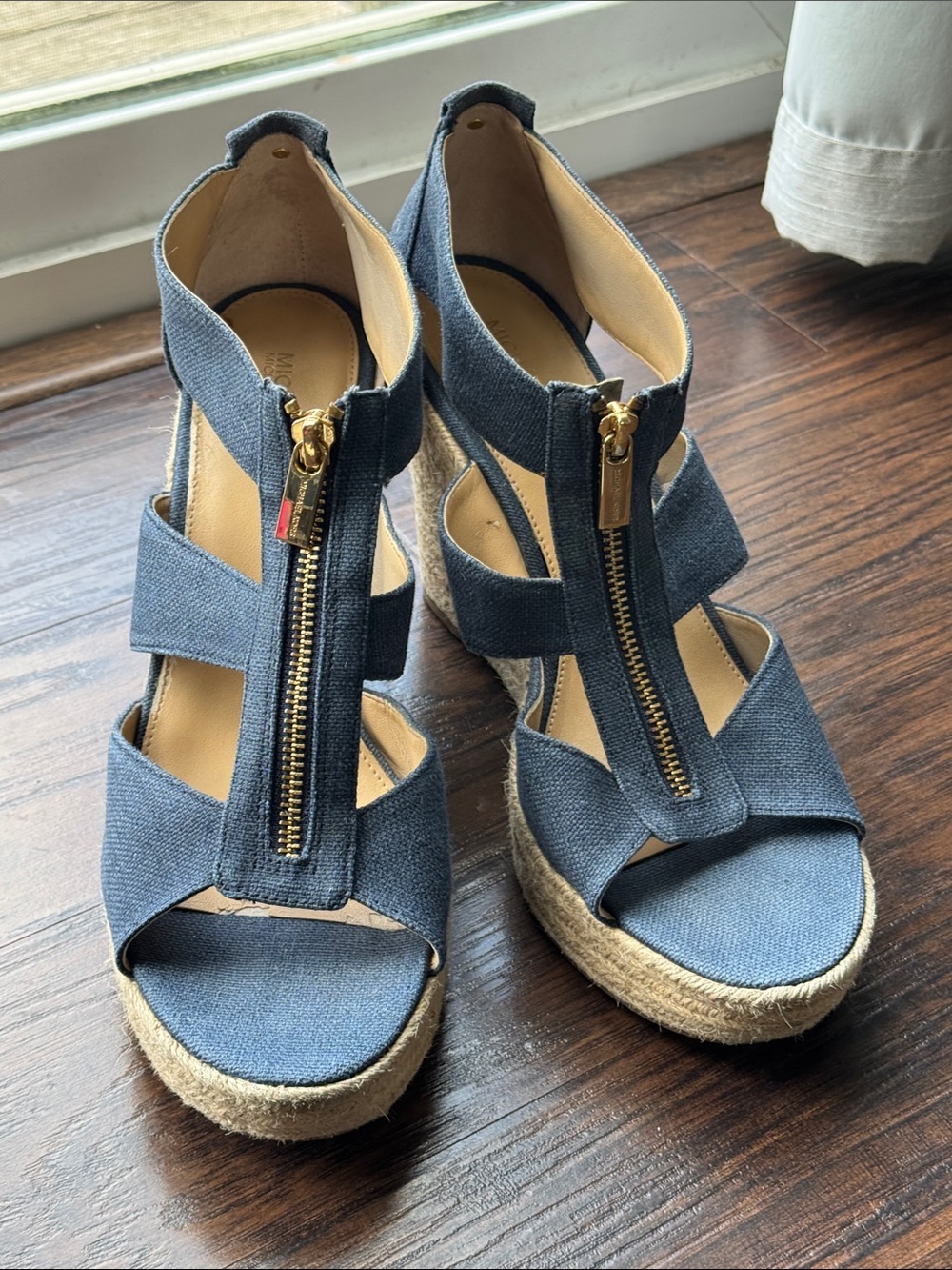 Michael Kors Denim Blue Espadrille Wedge Sandals with Gold Zipper